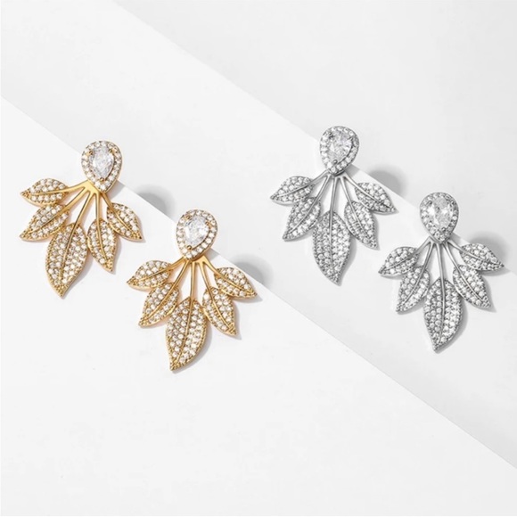 Diamond Leaf Floral Crystal Bohemian Gold 925 Sterling Silver Festival Earrings - Picture 4 of 6